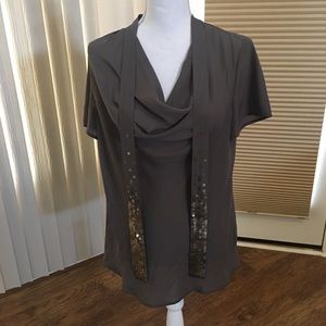 Taupe blouse with sequined tie